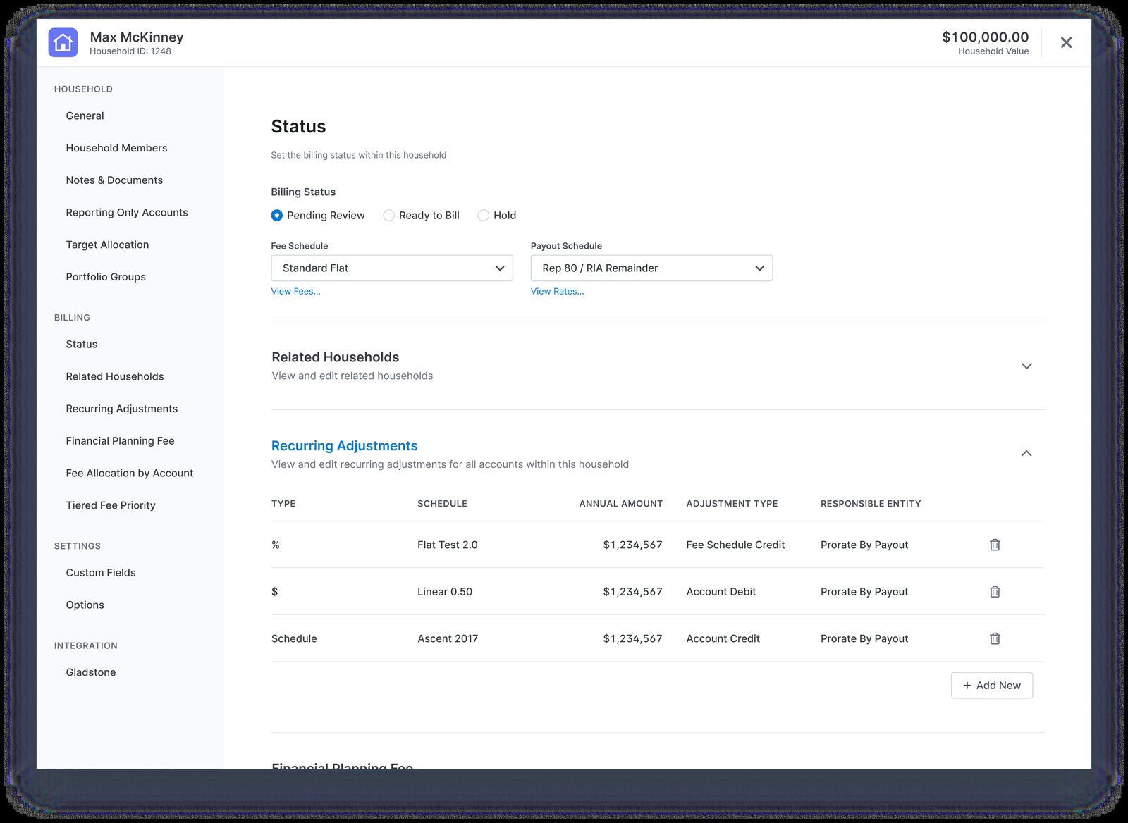 v2 — sections turned into large collapsible accordions, recurring adjustments saving inline.