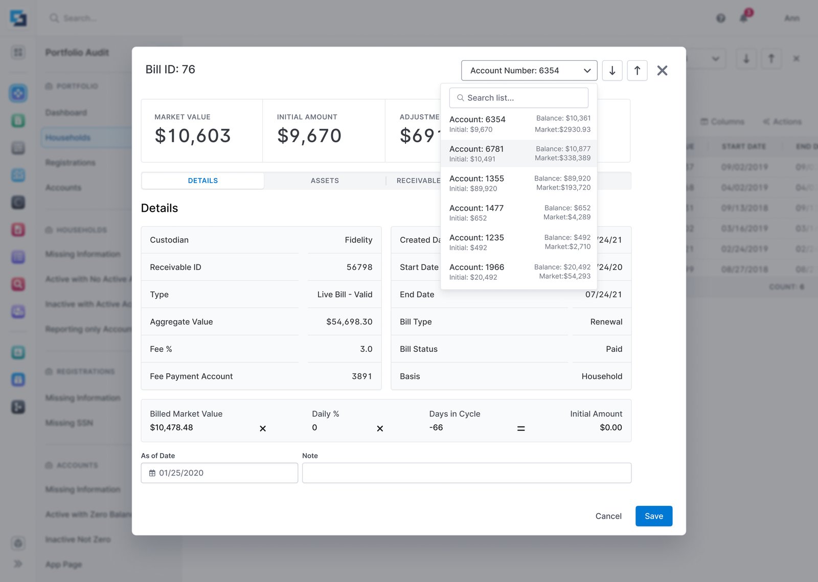 The redesigned billing — the Bill Instance view (market value, fees and the full receivable detail) front and centre, with the audit and settings screens receding behind it.