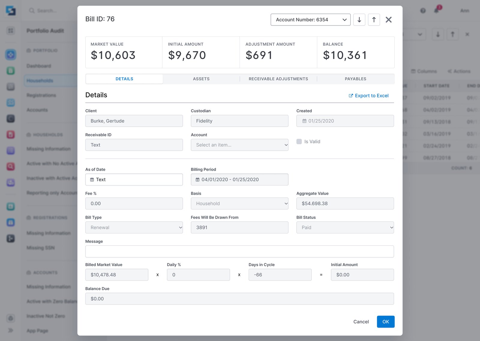v2 — bill detail in a modal with a dimming scrim over the background table.