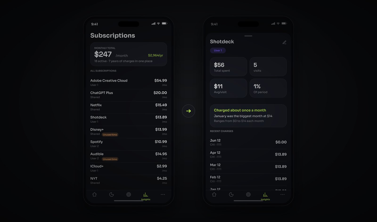 Subscriptions pair — the forgotten recurring charges surfaced, and the keep/cancel decision beside them. Sample merchants and amounts.