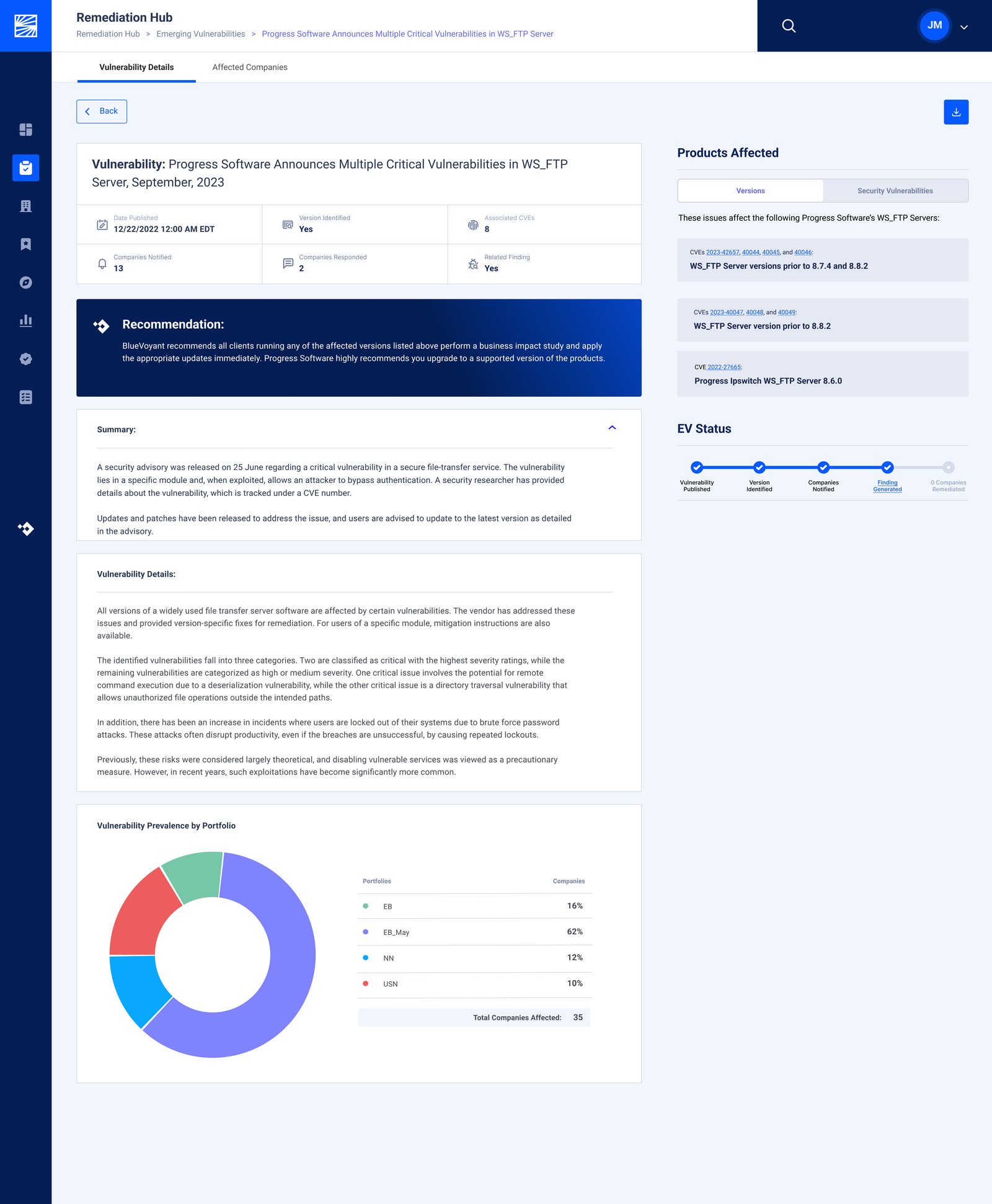 Detail view v1 — the detail page single page with prominent Recommendation block, collapsible Summary, Products Affected sidebar (Versions / Security Vulnerabil