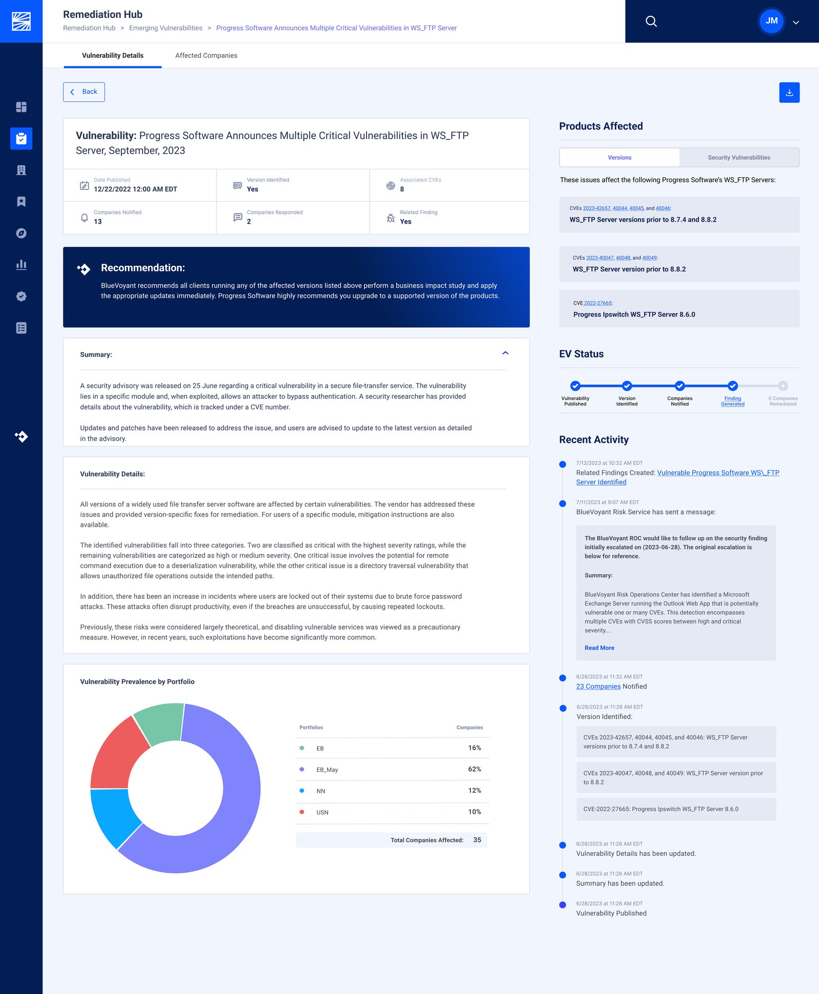 Detail view v2 — vertical Recent Activity timeline added, showing related findings, internal risk service messages, companies notified, version identified, vuln