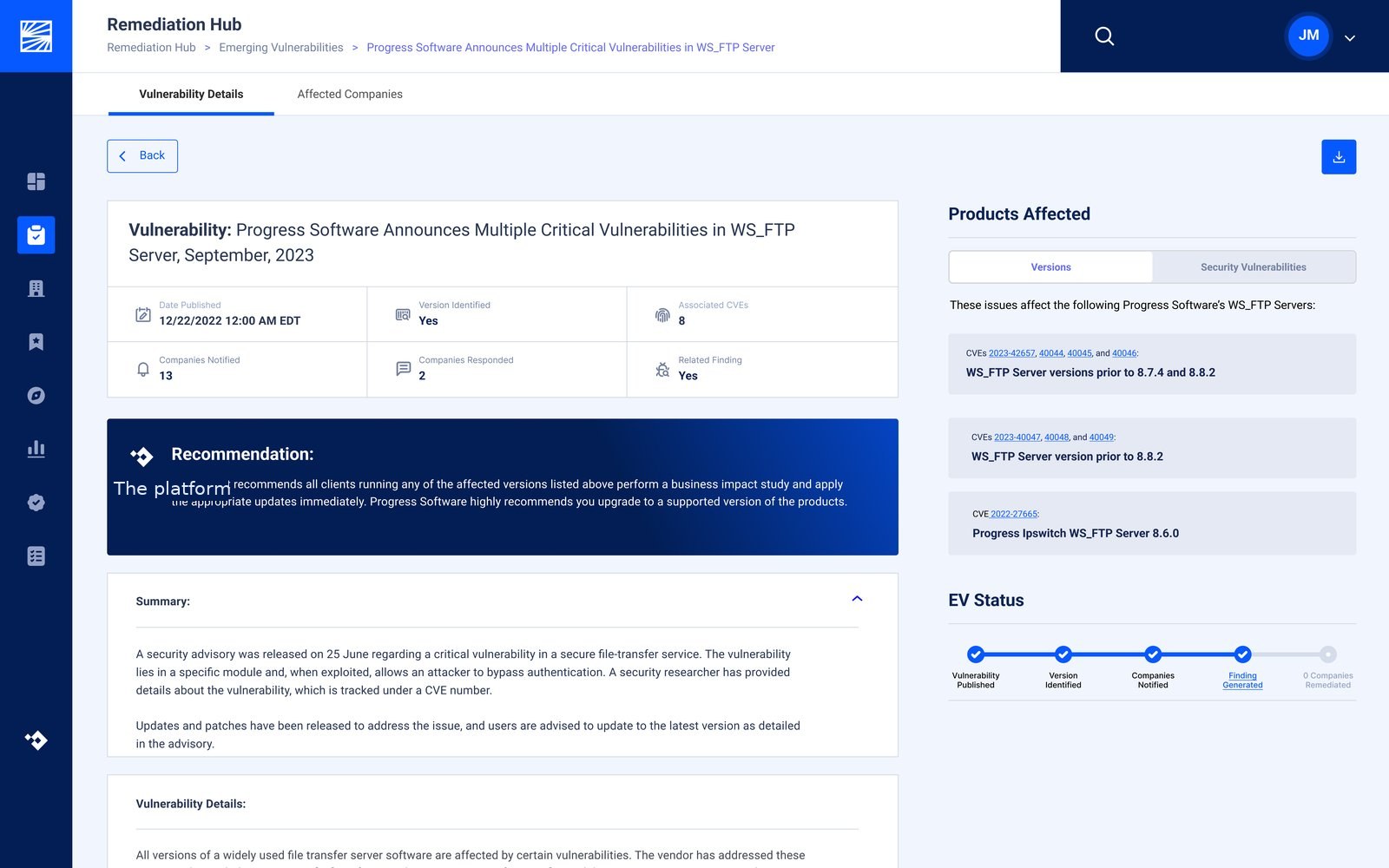 The redesigned Remediation Hub — a single-page vulnerability detail view with the recommendation hero, products affected, and an EV status timeline.