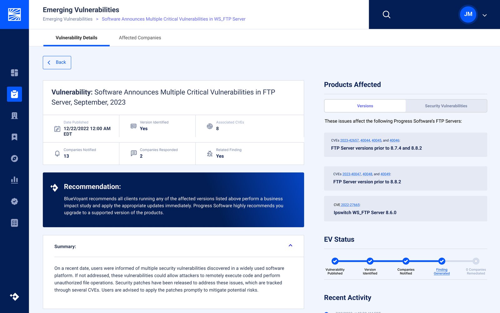 After — the new the detail page single-page details view with recommendation, summary, products affected, and EV status timeline.