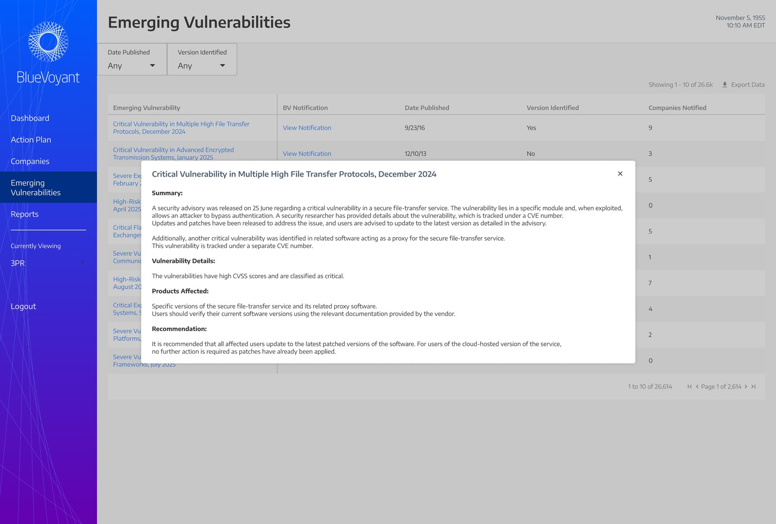 Before — the old vulnerabilities table with summary modal popup.