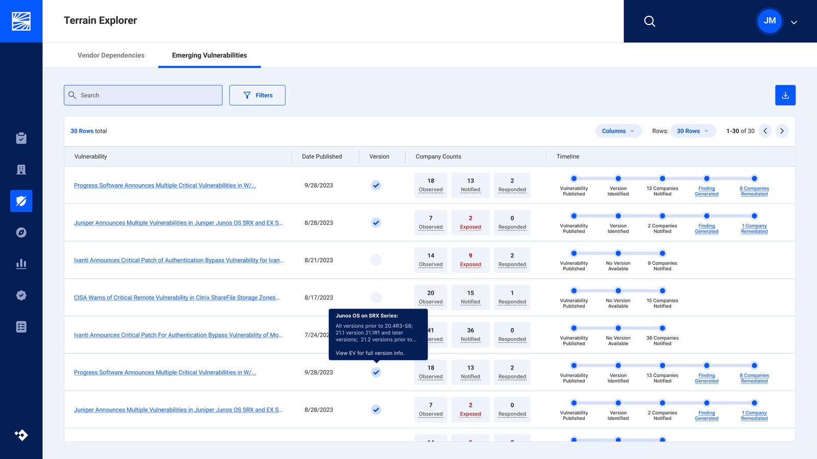 List view v2 — consolidated table with a hover tooltip on a row showing affected versions inline (no click needed to drill in).