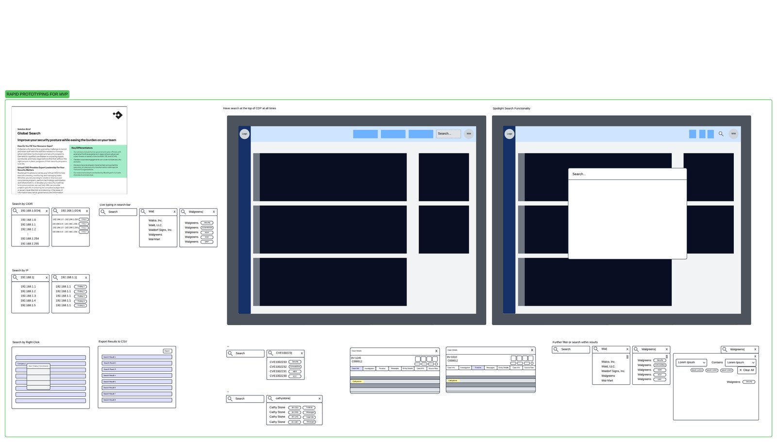 Rapid prototype wireframes — search-by-CIDR, search-by-IP, search-by-right-click, spotlight search, CSV export, hover tooltips.